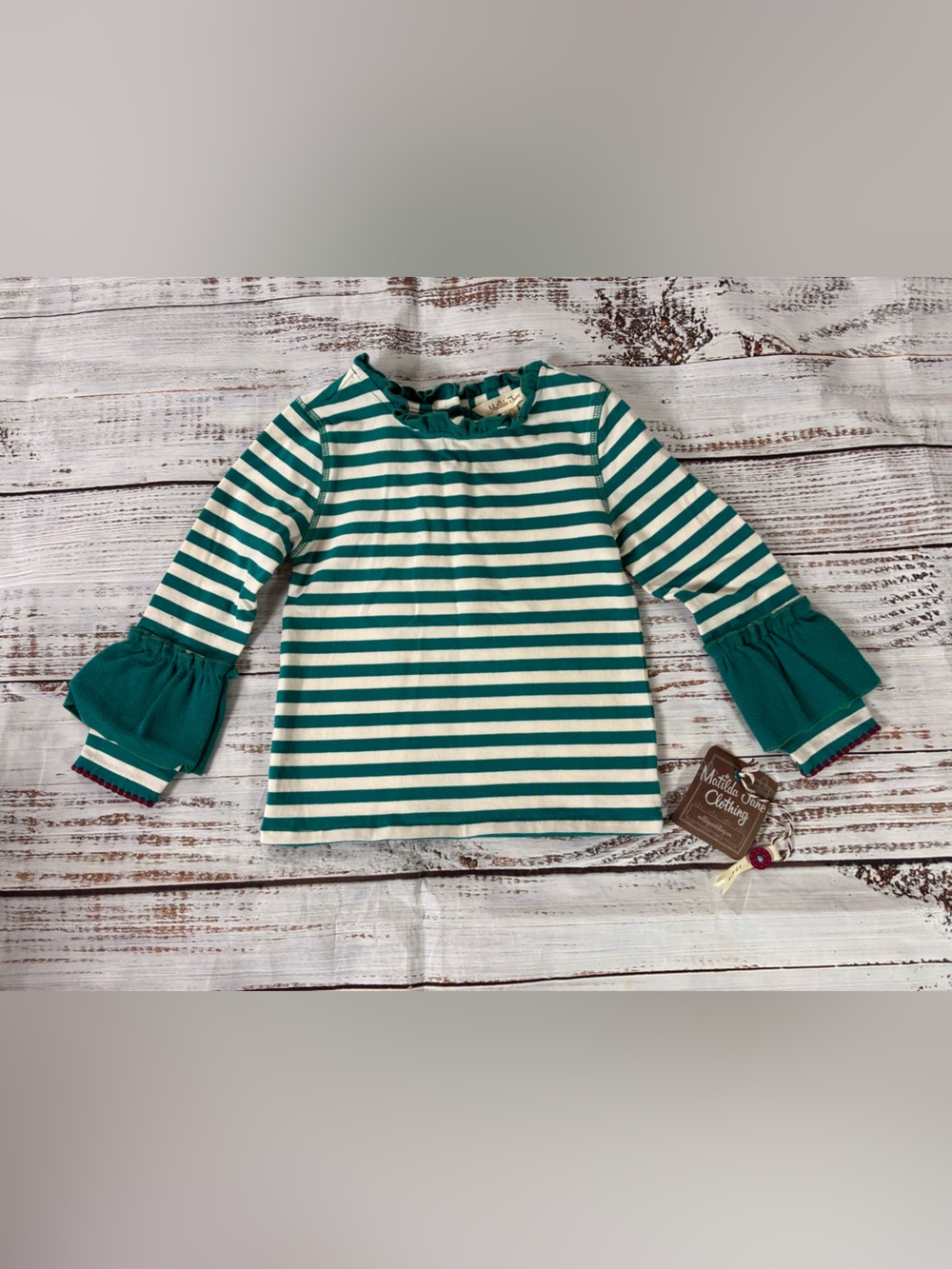Matilda Jane Shirt Girls 2 Teal Green White Stripe Long Sleeve Ruffle